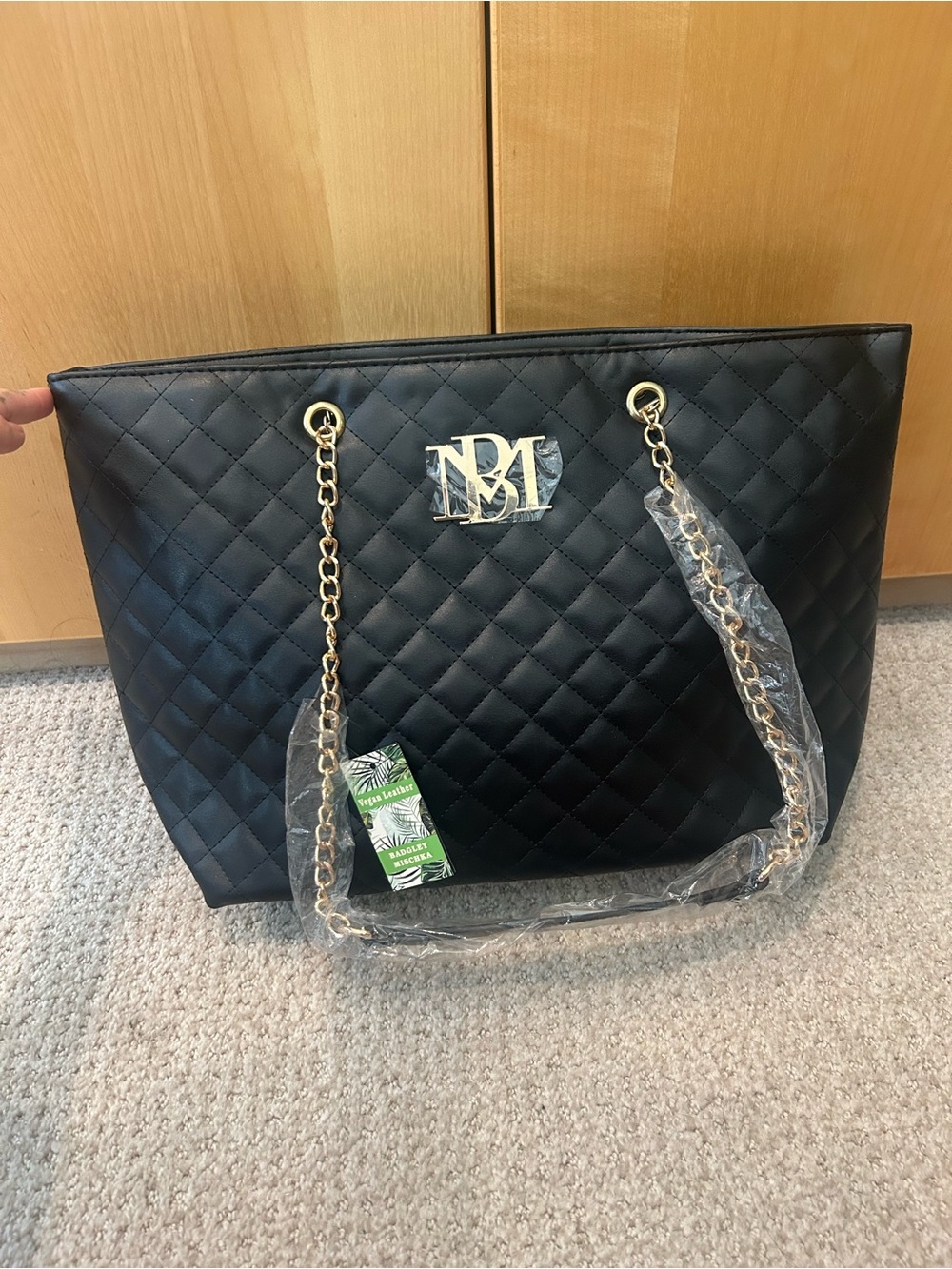 Badgley Mischka Quilted Black Tote with Gold Chain Straps